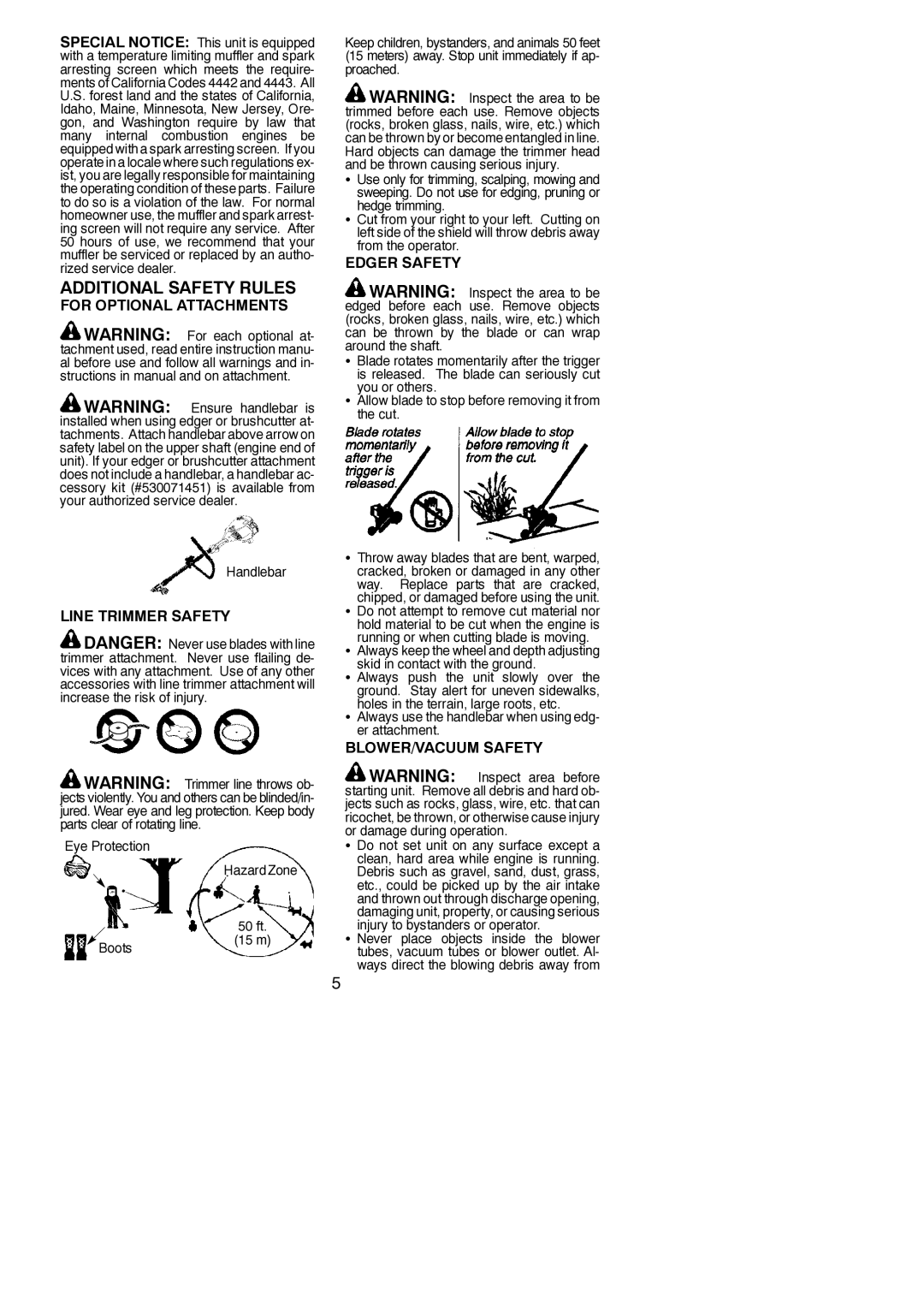 Poulan 530163735 instruction manual For Optional Attachments, Line Trimmer Safety, Edger Safety, BLOWER/VACUUM Safety 