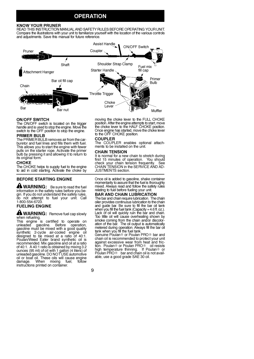 Poulan 530163735 instruction manual Operation 