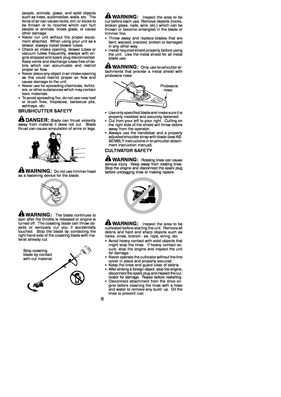 Poulan 530163735 instruction manual Brushcutter Safety, Cultivator Safety 