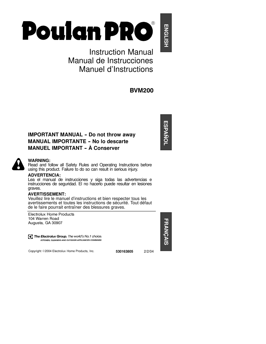 Poulan 530163805 instruction manual Manual de Instrucciones Manuel d’Instructions 