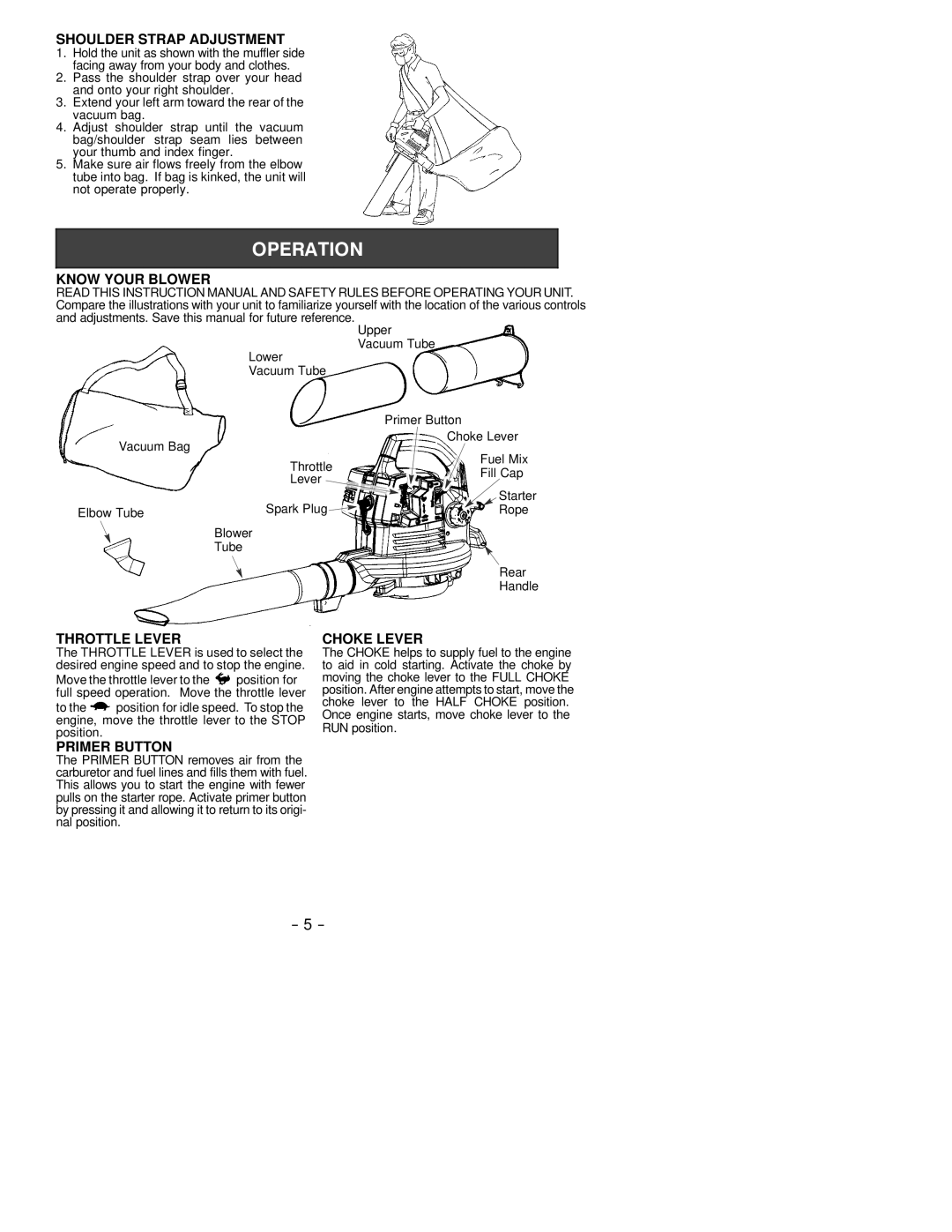 Poulan 530163805 instruction manual Shoulder Strap Adjustment, Know Your Blower, Throttle Lever, Primer Button, Choke Lever 