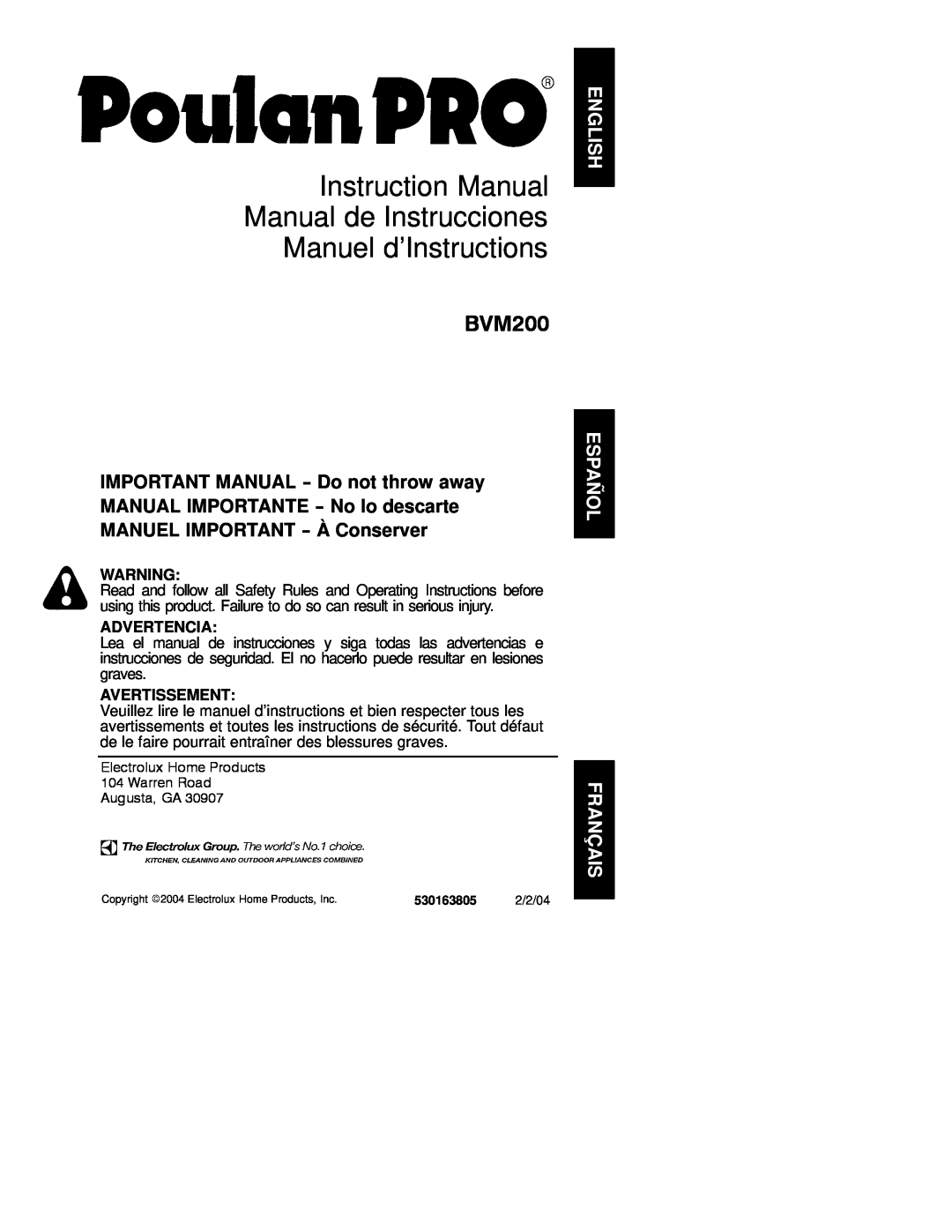 Poulan 530163805 instruction manual BVM200, Advertencia, Avertissement 