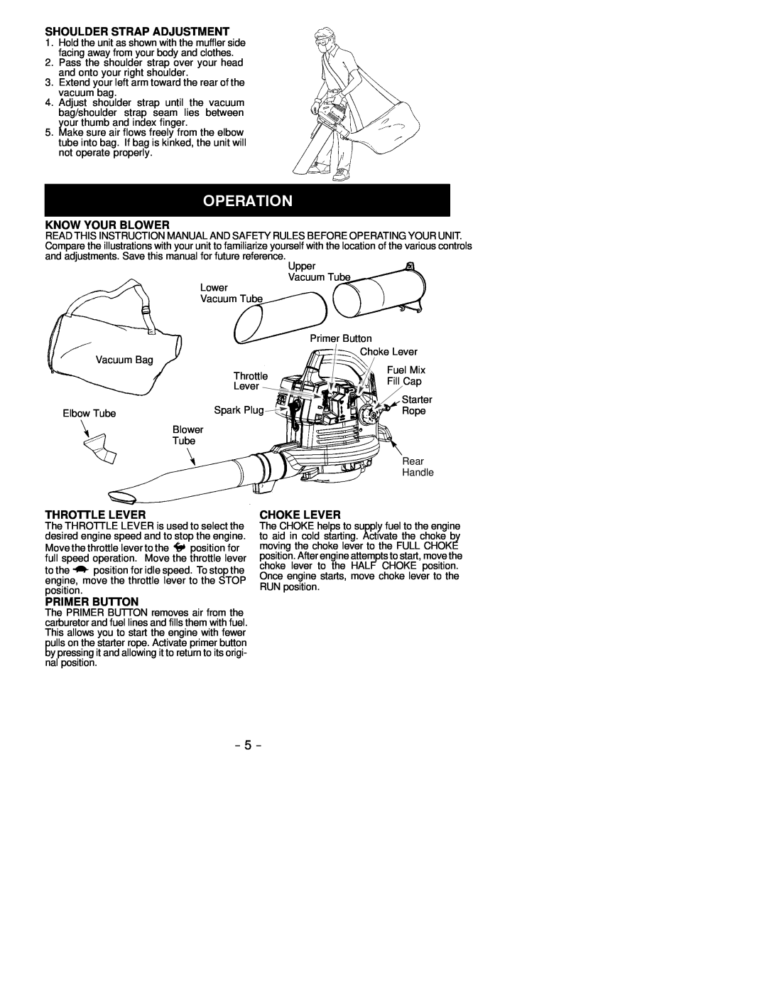 Poulan 530163805 instruction manual Shoulder Strap Adjustment, Know Your Blower, Throttle Lever, Primer Button, Choke Lever 