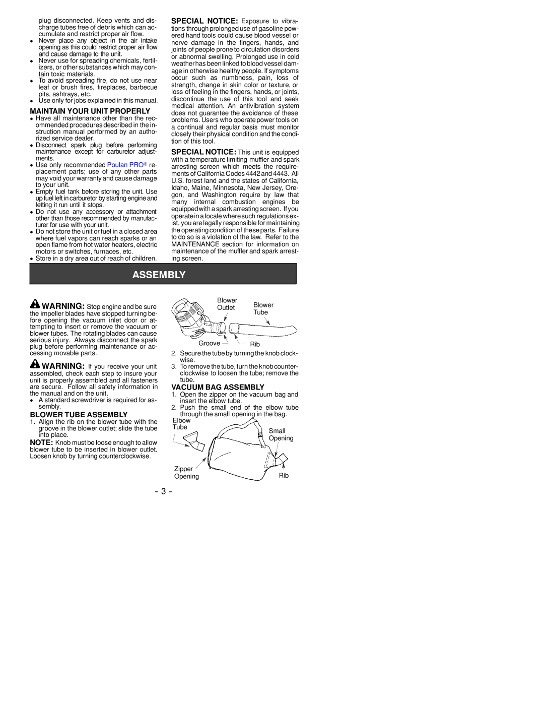 Poulan 530163807 instruction manual Maintain Your Unit Properly, Blower Tube Assembly, Vacuum BAG Assembly 