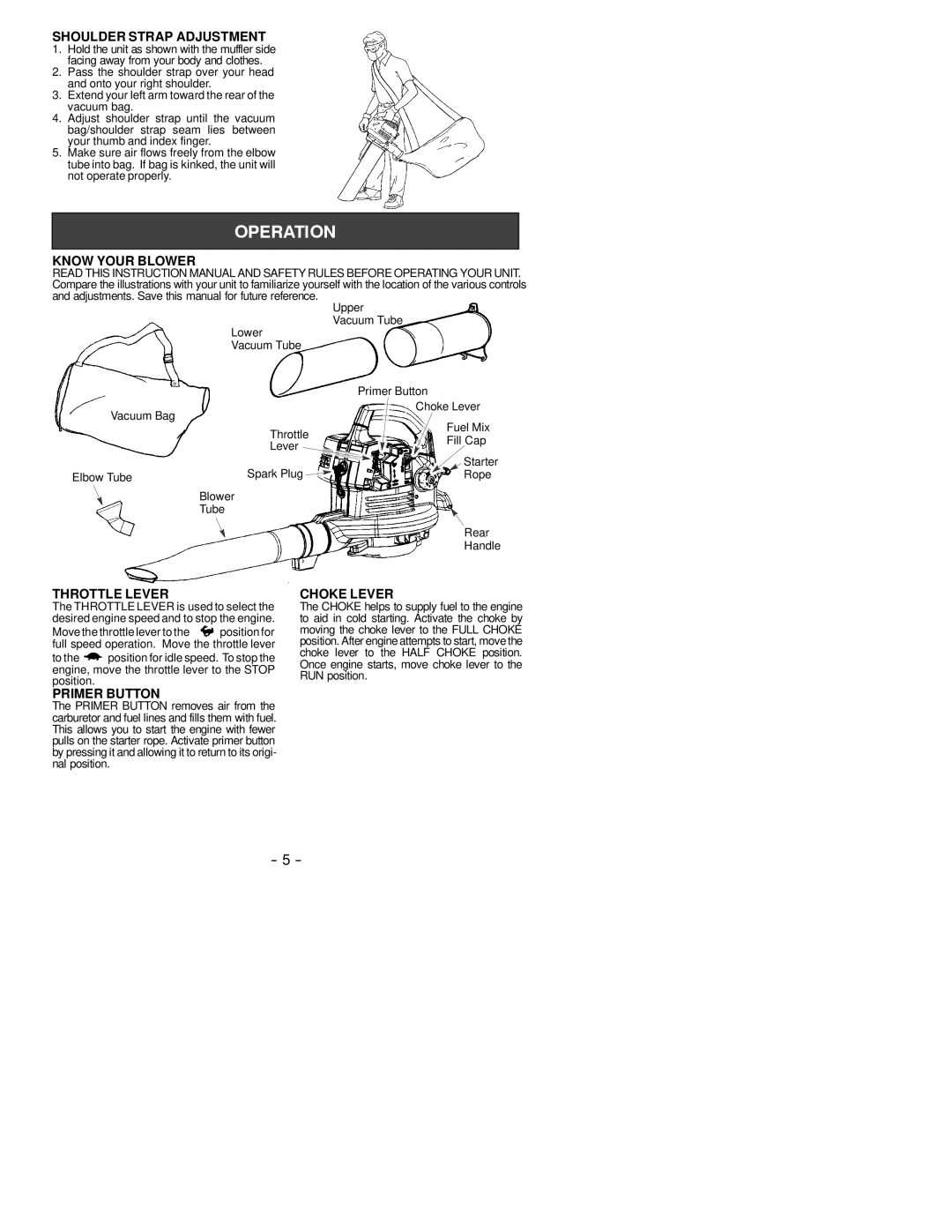 Poulan 530163807 instruction manual Shoulder Strap Adjustment, Know Your Blower, Throttle Lever, Primer Button, Choke Lever 