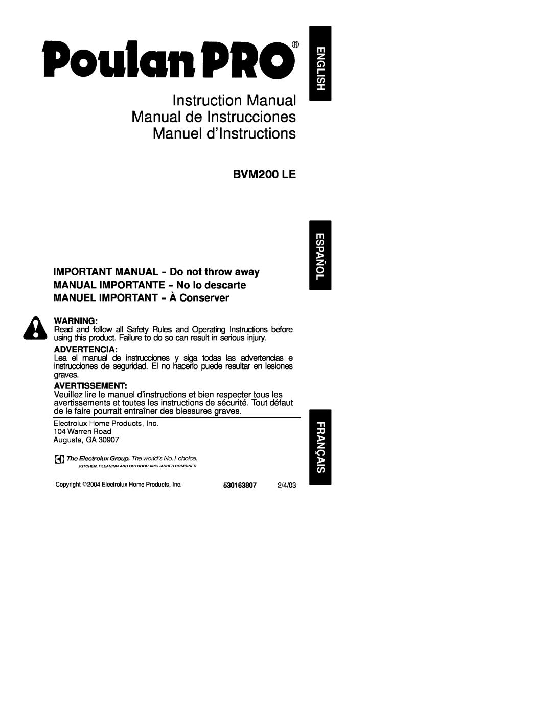 Poulan 530163807 instruction manual BVM200 LE, Advertencia, Avertissement 