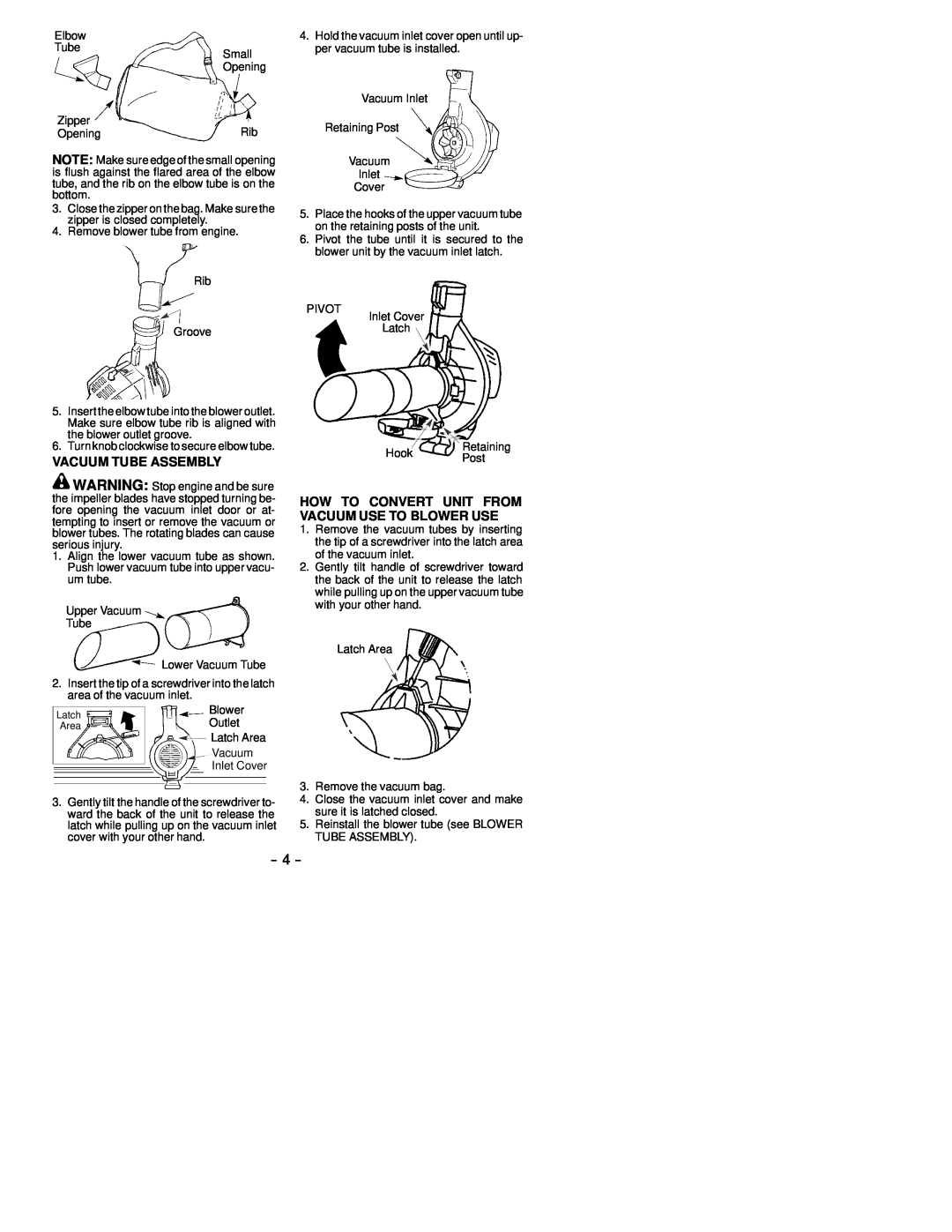 Poulan 530163808 instruction manual Vacuum Tube Assembly, How To Convert Unit From Vacuum Use To Blower Use 