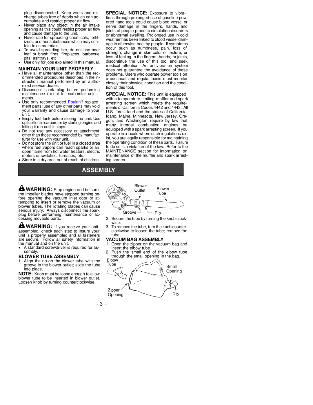 Poulan 530163809 instruction manual Maintain Your Unit Properly, Blower Tube Assembly, Vacuum BAG Assembly 