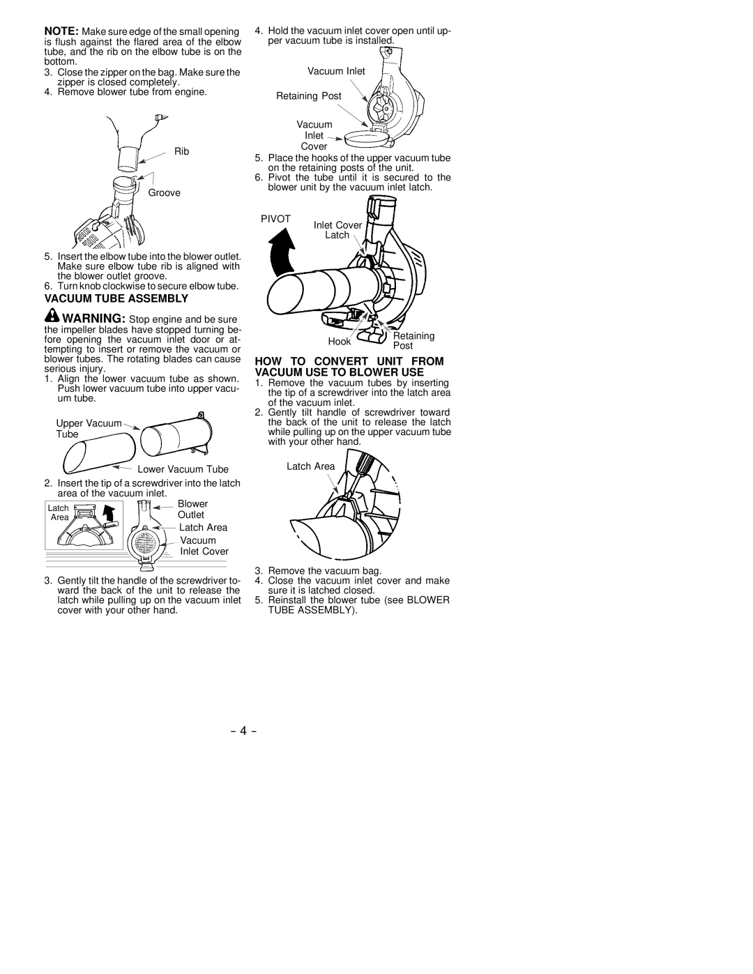 Poulan 530163809 instruction manual Vacuum Tube Assembly, HOW to Convert Unit from Vacuum USE to Blower USE 