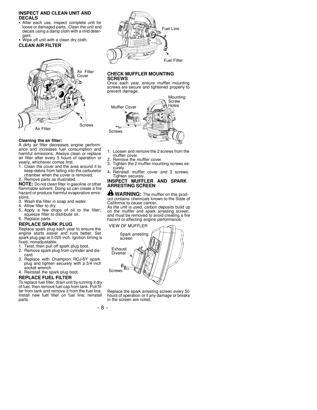 Poulan 530163809 Inspect and Clean Unit and Decals, Clean AIR Filter, Check Muffler Mounting Screws, Replace Spark Plug 