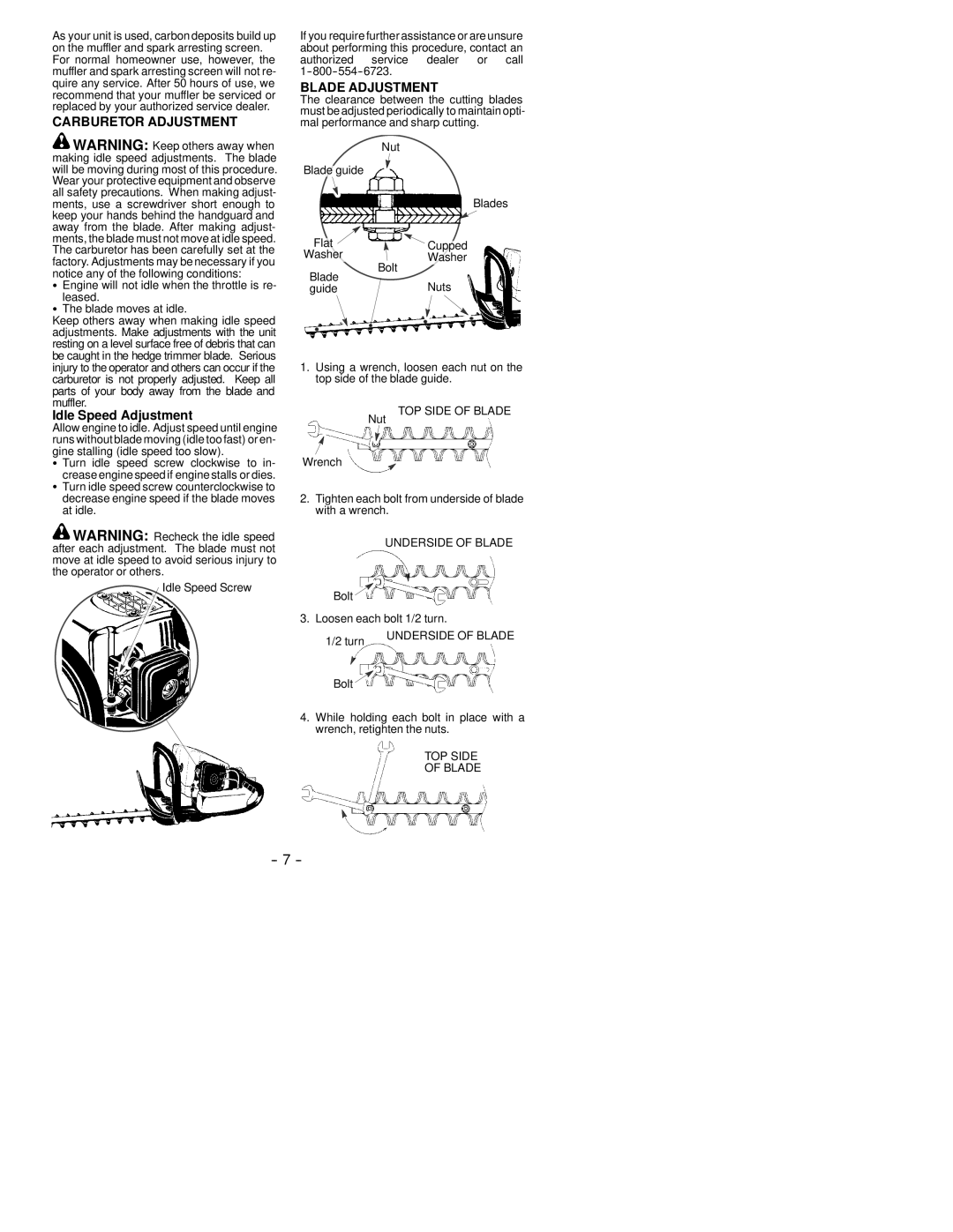 Poulan 530163900 instruction manual Carburetor Adjustment, Blade Adjustment, Underside of Blade, TOP Side Blade 