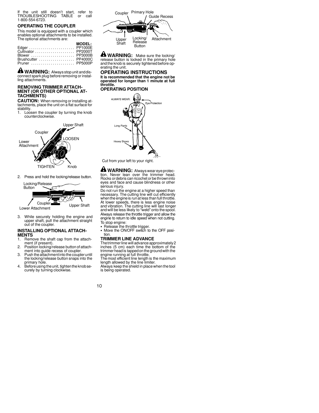 Poulan 530164077 Operating the Coupler, Operating Position, Installing Optional ATTACH- Ments, Trimmer Line Advance 