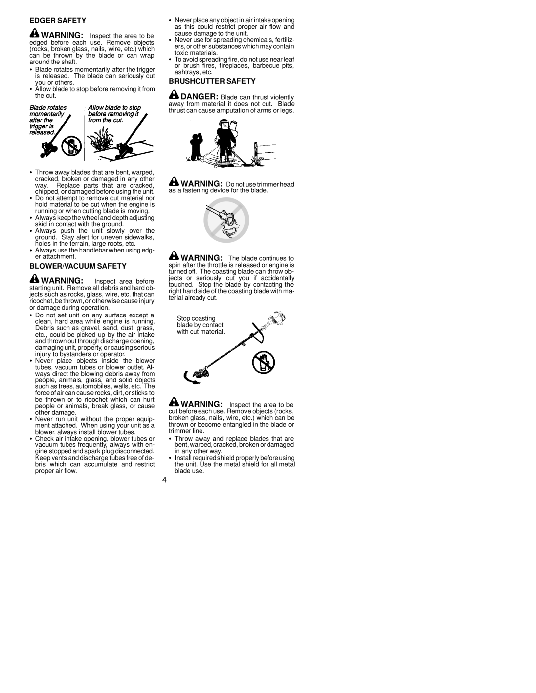 Poulan 530164077 instruction manual Edger Safety, BLOWER/VACUUM Safety, Brushcutter Safety 