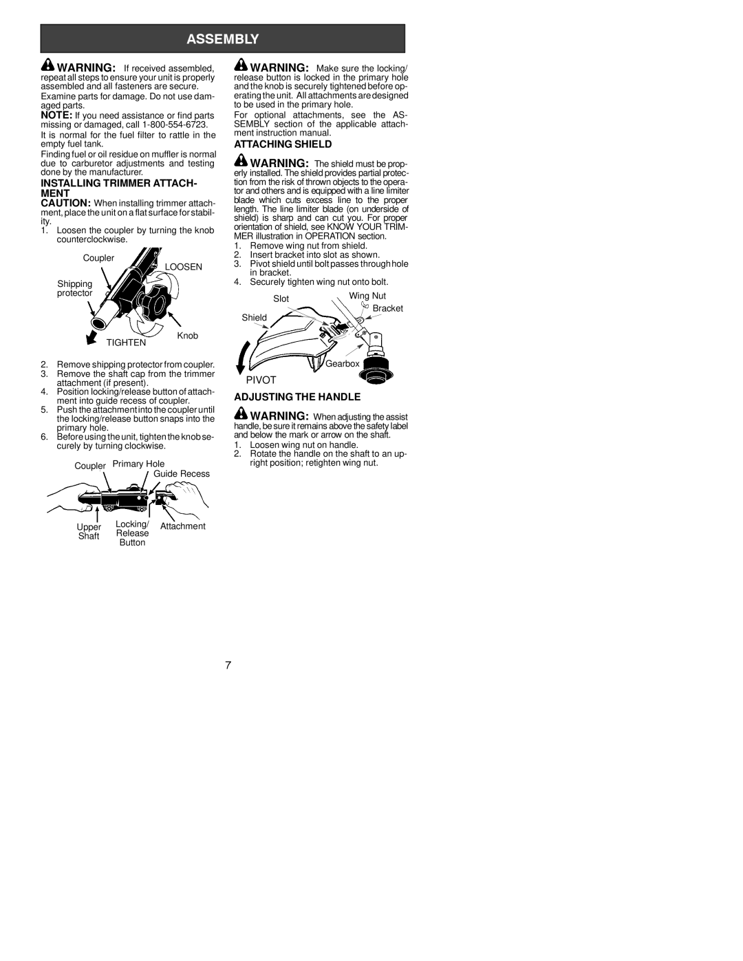 Poulan 530164077 instruction manual Installing Trimmer ATTACH- Ment, Attaching Shield, Adjusting the Handle 