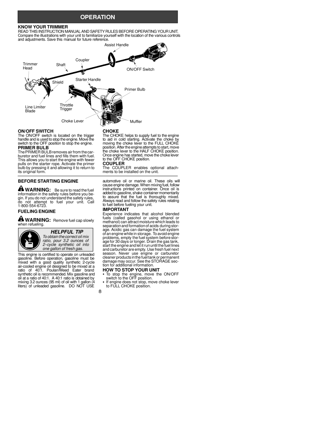 Poulan 530164077 Know Your Trimmer, ON/OFF Switch Choke, Primer Bulb, Coupler, Before Starting Engine, Fueling Engine 