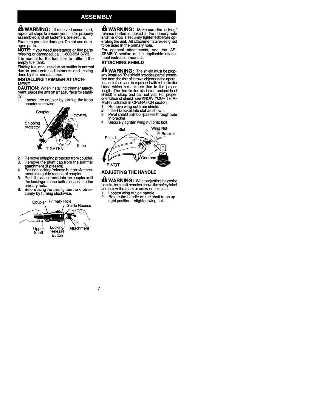 Poulan 530164077 instruction manual Installing Trimmer Attach- Ment, Attaching Shield, Pivot, Adjusting The Handle 