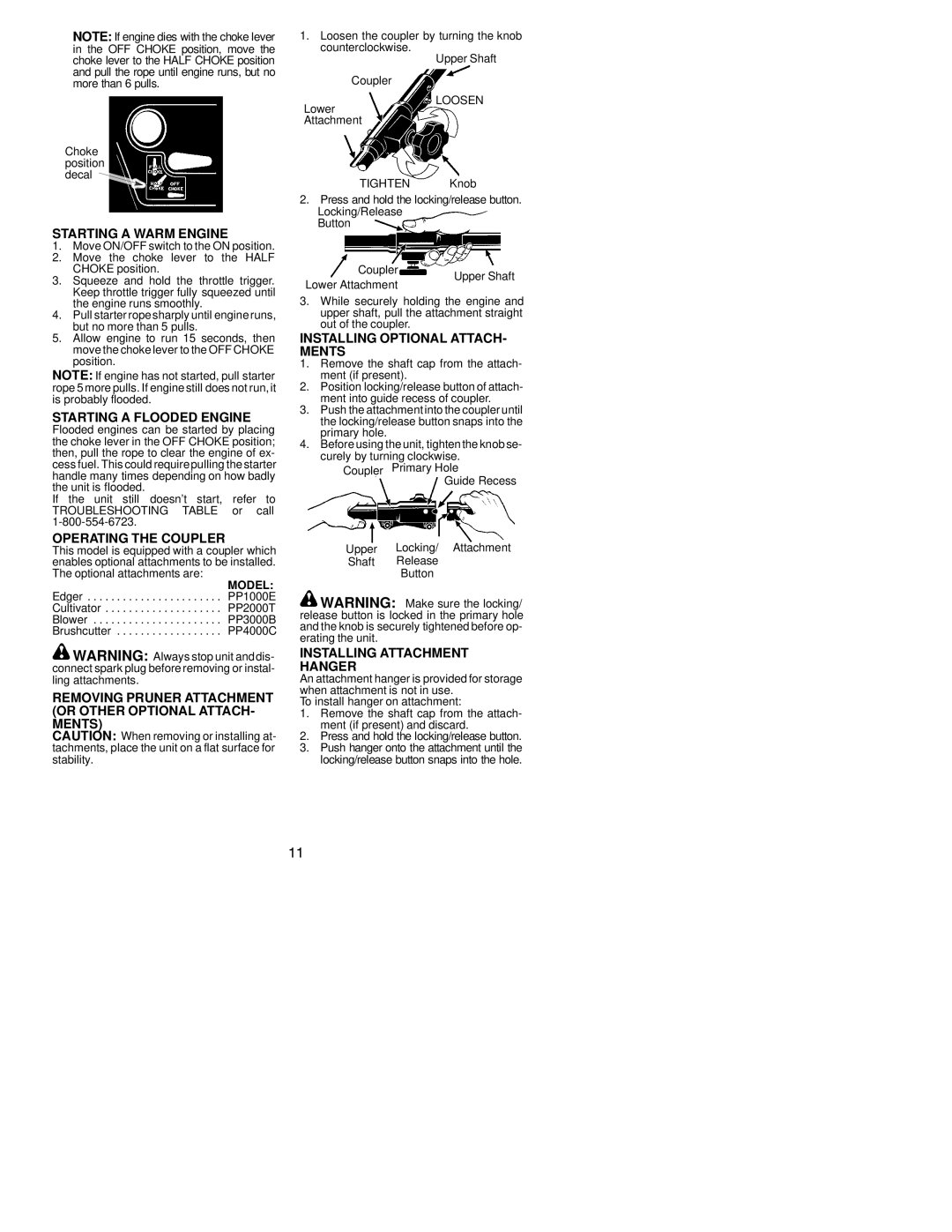 Poulan PP446 Starting a Warm Engine, Starting a Flooded Engine, Operating the Coupler, Installing Optional ATTACH- Ments 