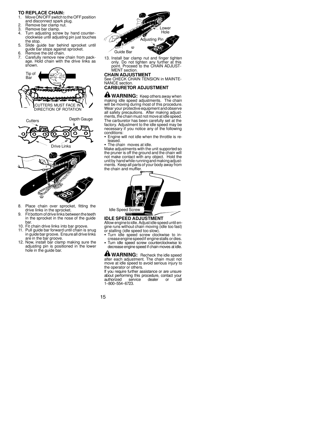 Poulan PP446, 530164083 instruction manual To Replace Chain, Chain Adjustment, Carburetor Adjustment, Idle Speed Adjustment 