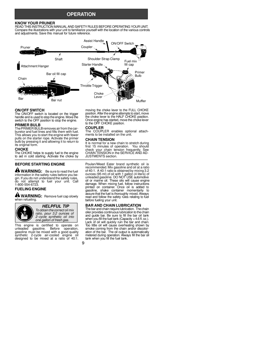 Poulan PP446 Know Your Pruner, ON/OFF Switch, Primer Bulb, Coupler, Chain Tension, Choke, Before Starting Engine 