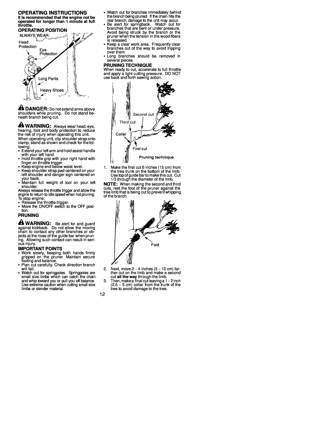 Poulan 530164083 Operating Instructions, Operating Position, Important Points, Pruning Technique, Pruning technique 
