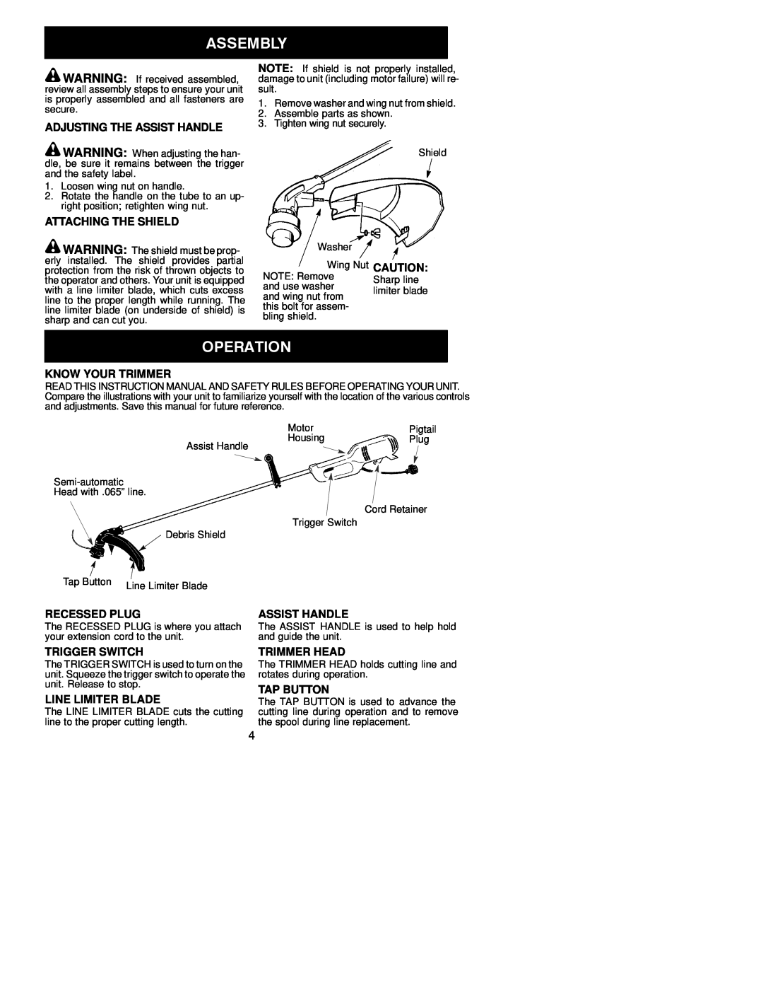 Poulan 530164104 Adjusting The Assist Handle, Attaching The Shield, Know Your Trimmer, Recessed Plug, Trigger Switch 