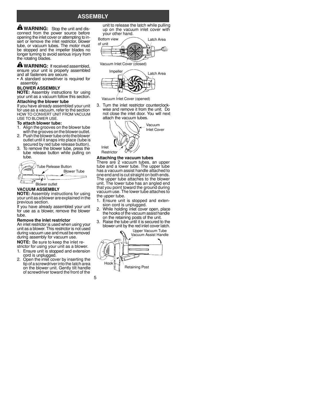 Poulan 530164107 instruction manual Standard screwdriver is required for assembly, Blower Assembly, Vacuum Assembly 