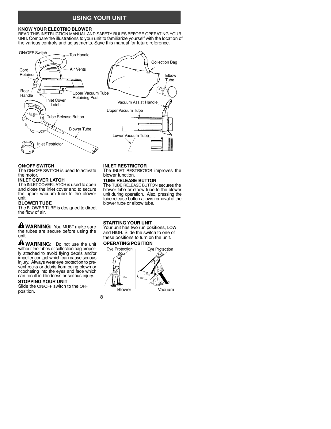 Poulan 530164107 Know Your Electric Blower, ON/OFF Switch Inlet Restrictor, Inlet Cover Latch Tube Release Button 