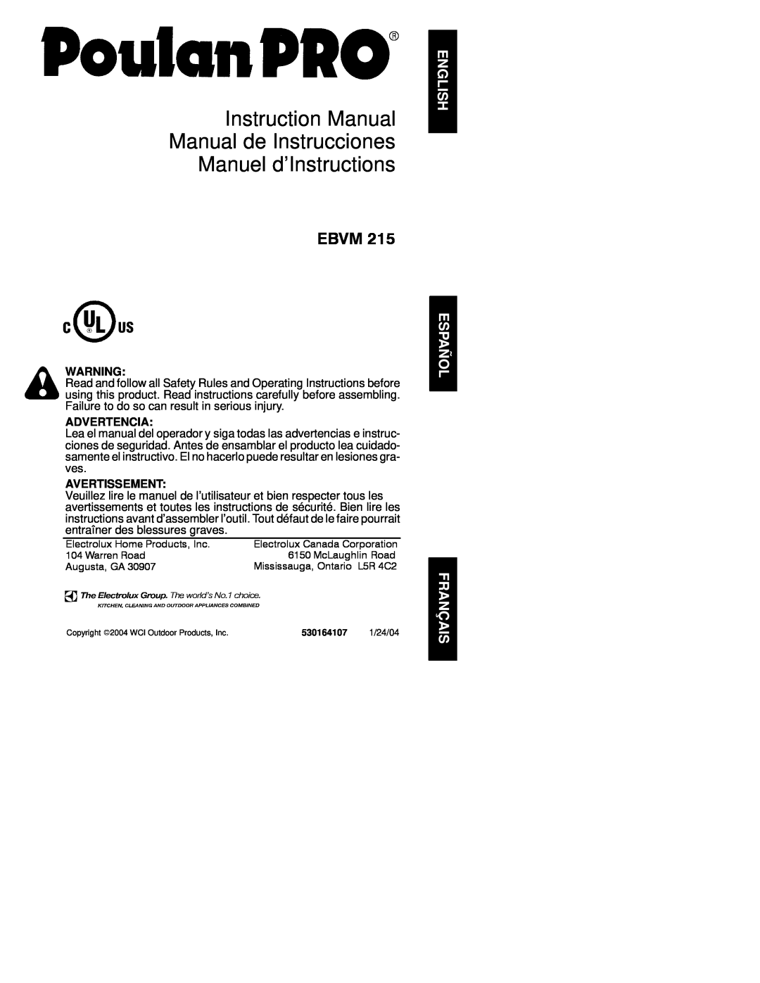 Poulan 530164107 instruction manual Advertencia, Avertissement, Ebvm 