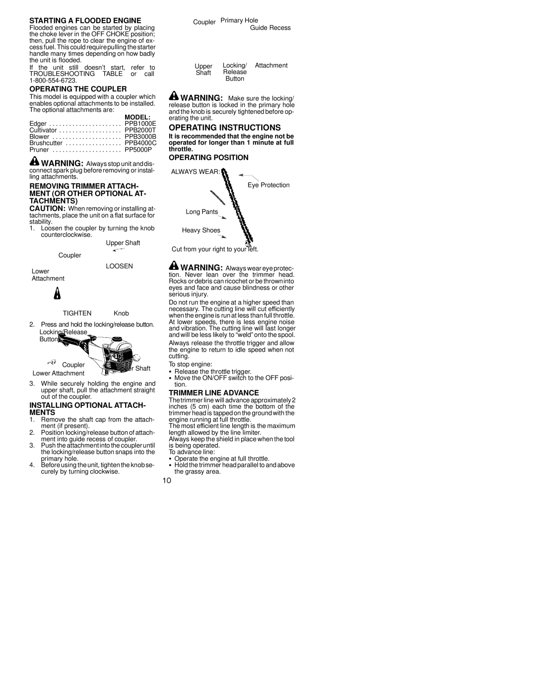 Poulan 530164253 Starting a Flooded Engine, Operating the Coupler, Operating Position, Installing Optional ATTACH- Ments 