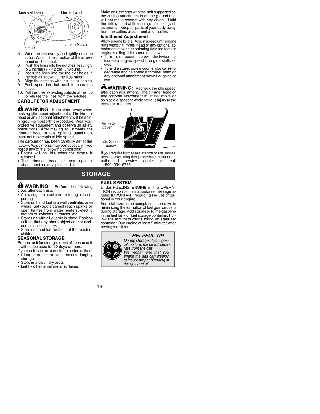 Poulan 530164253 instruction manual Carburetor Adjustment, Seasonal Storage, Fuel System 