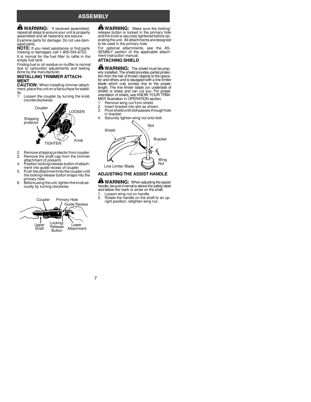 Poulan 530164253 instruction manual Installing Trimmer ATTACH- Ment, Attaching Shield, Adjusting the Assist Handle 