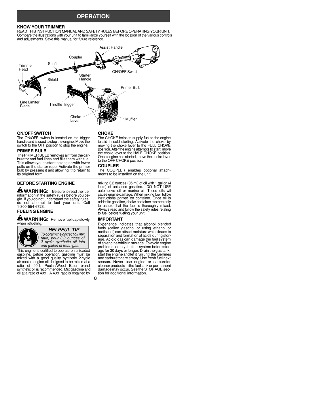 Poulan 530164253 Know Your Trimmer, ON/OFF Switch Choke, Primer Bulb, Coupler, Before Starting Engine, Fueling Engine 