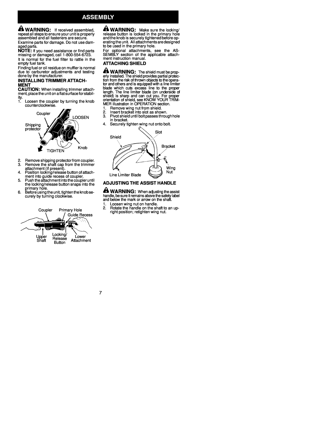 Poulan 530164253 instruction manual Installing Trimmer Attach- Ment, Attaching Shield, Adjusting The Assist Handle 