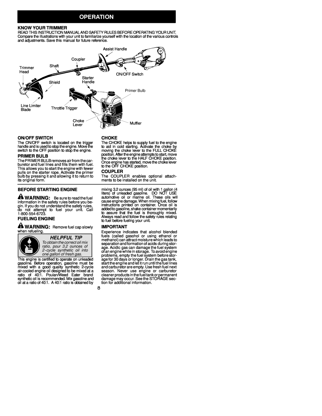 Poulan 530164253 Helpful Tip, Know Your Trimmer, On/Off Switch, Choke, Primer Bulb, Coupler, Before Starting Engine 