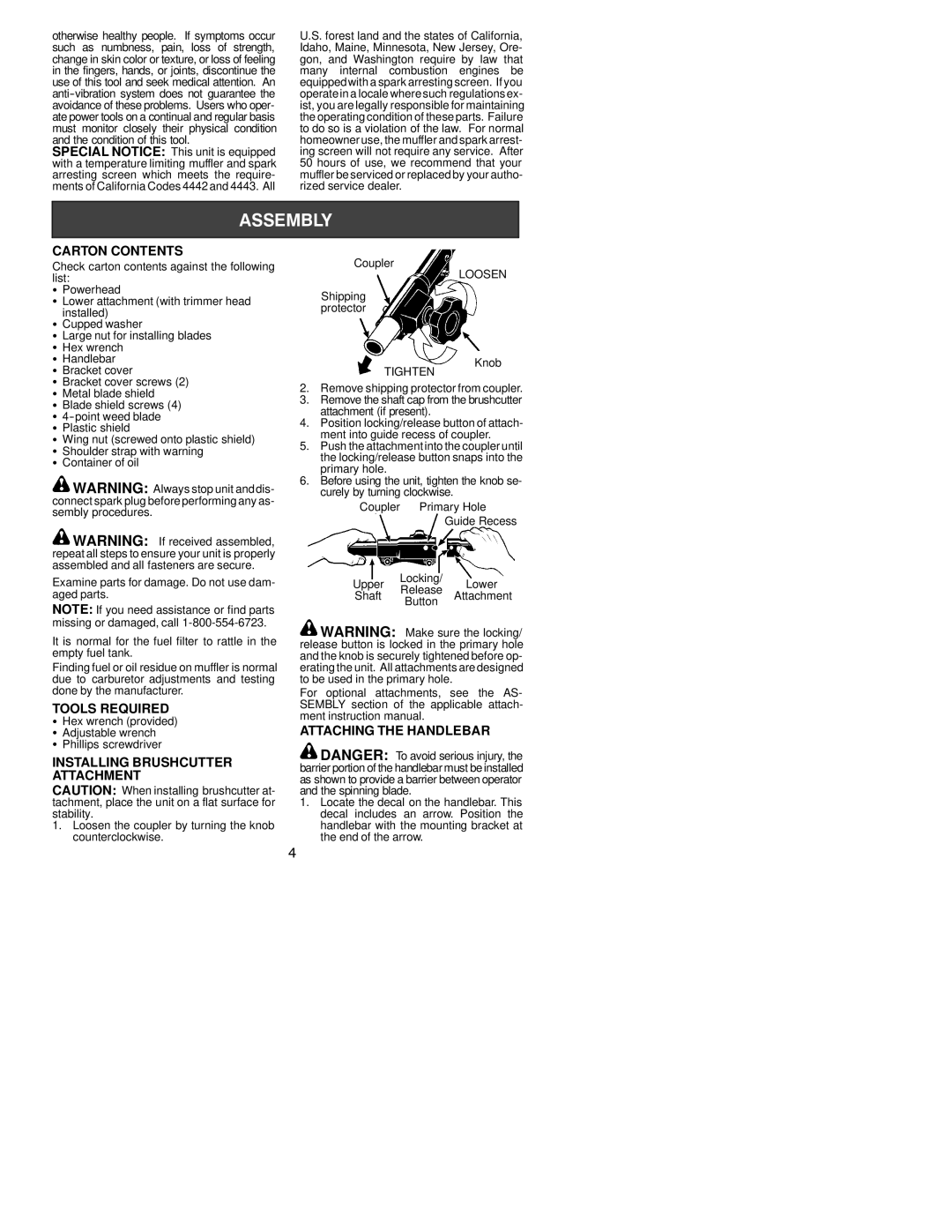 Poulan 530164256 Carton Contents, Tools Required, Installing Brushcutter Attachment, Attaching the Handlebar 