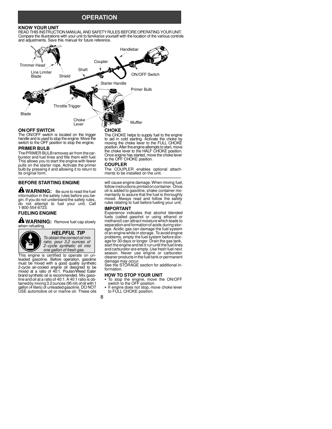 Poulan 530164256 Know Your Unit, ON/OFF Switch Choke, Primer Bulb, Coupler, Before Starting Engine, Fueling Engine 