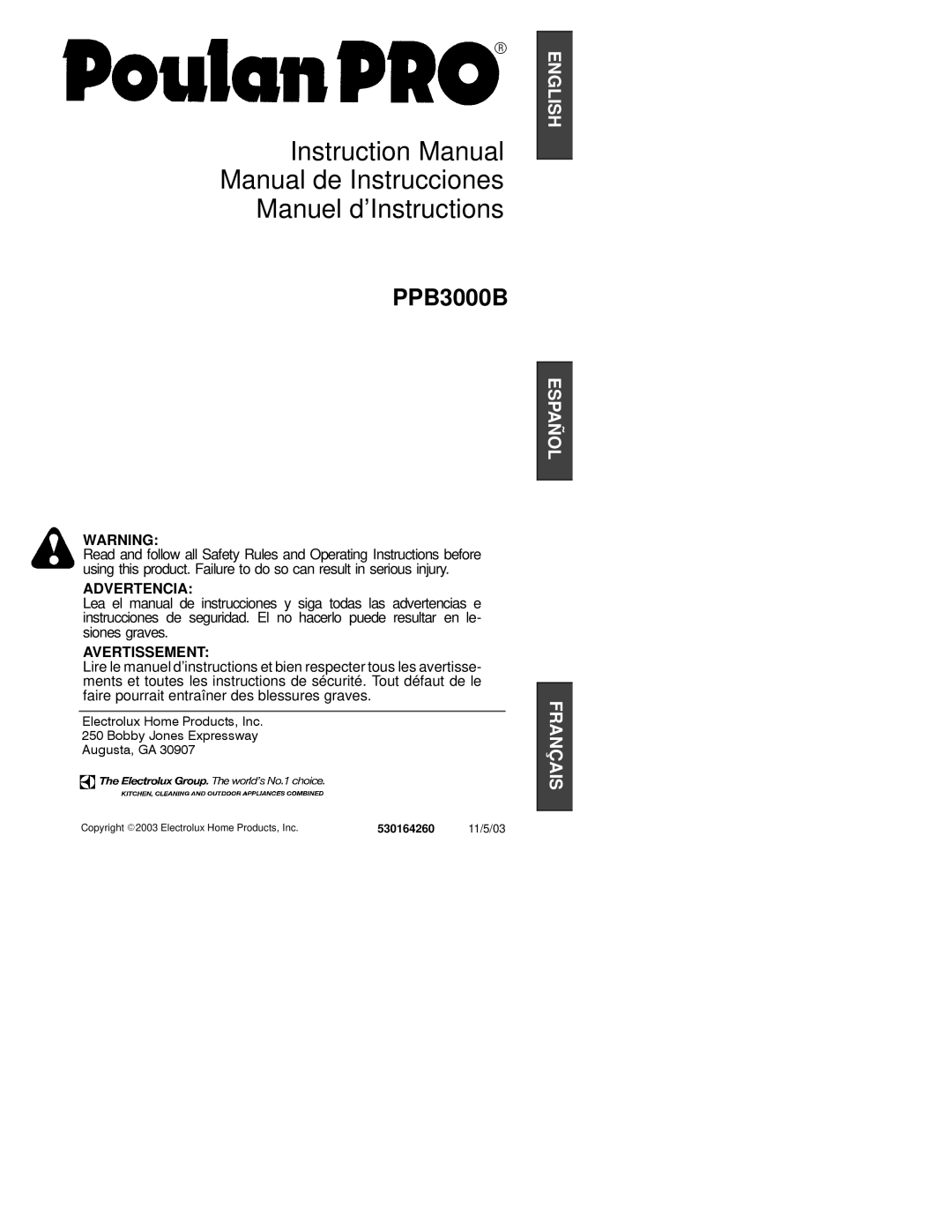 Poulan 530164260 instruction manual Manual de Instrucciones Manuel d’Instructions, 11/5/03 