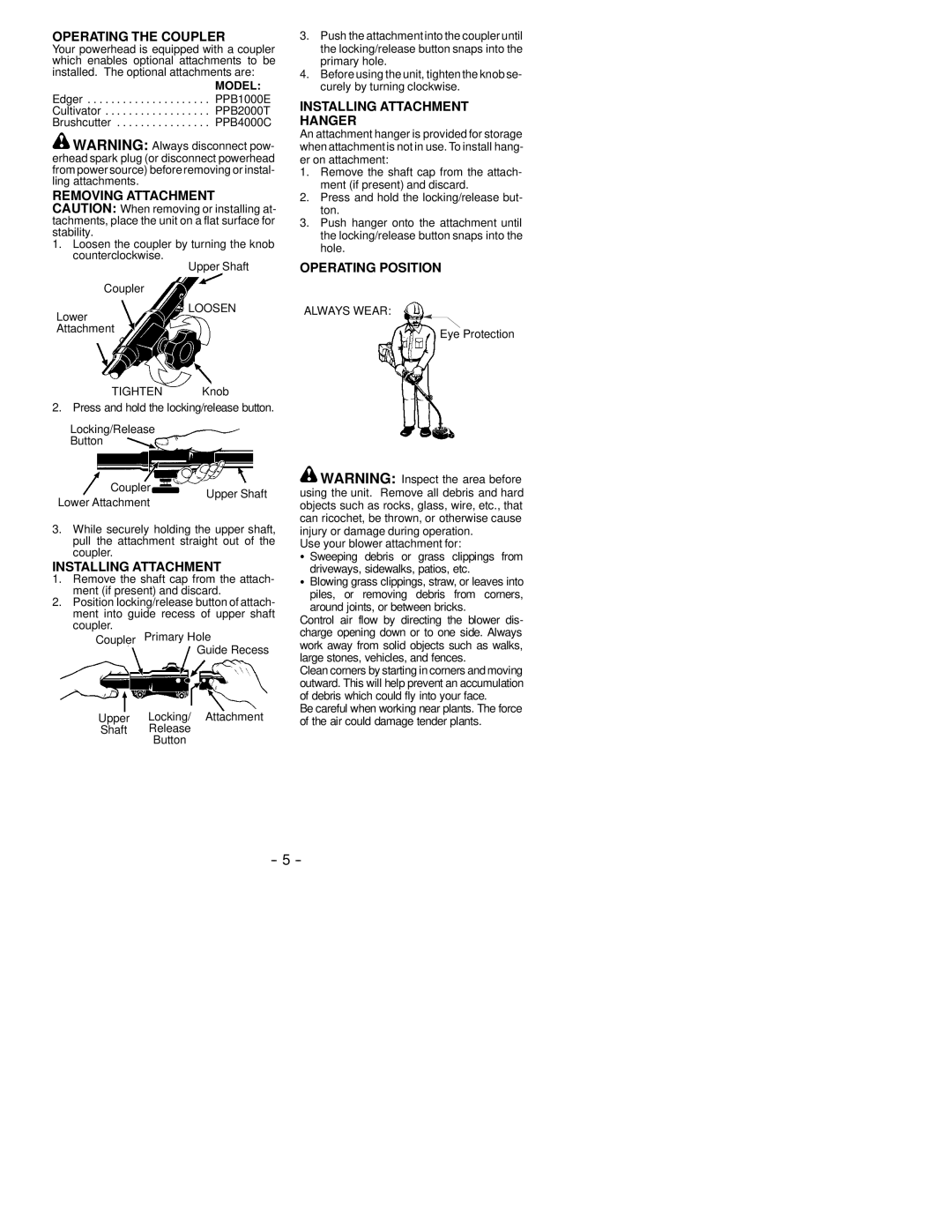 Poulan 530164260 instruction manual Operating the Coupler, Installing Attachment Hanger, Operating Position, Model 