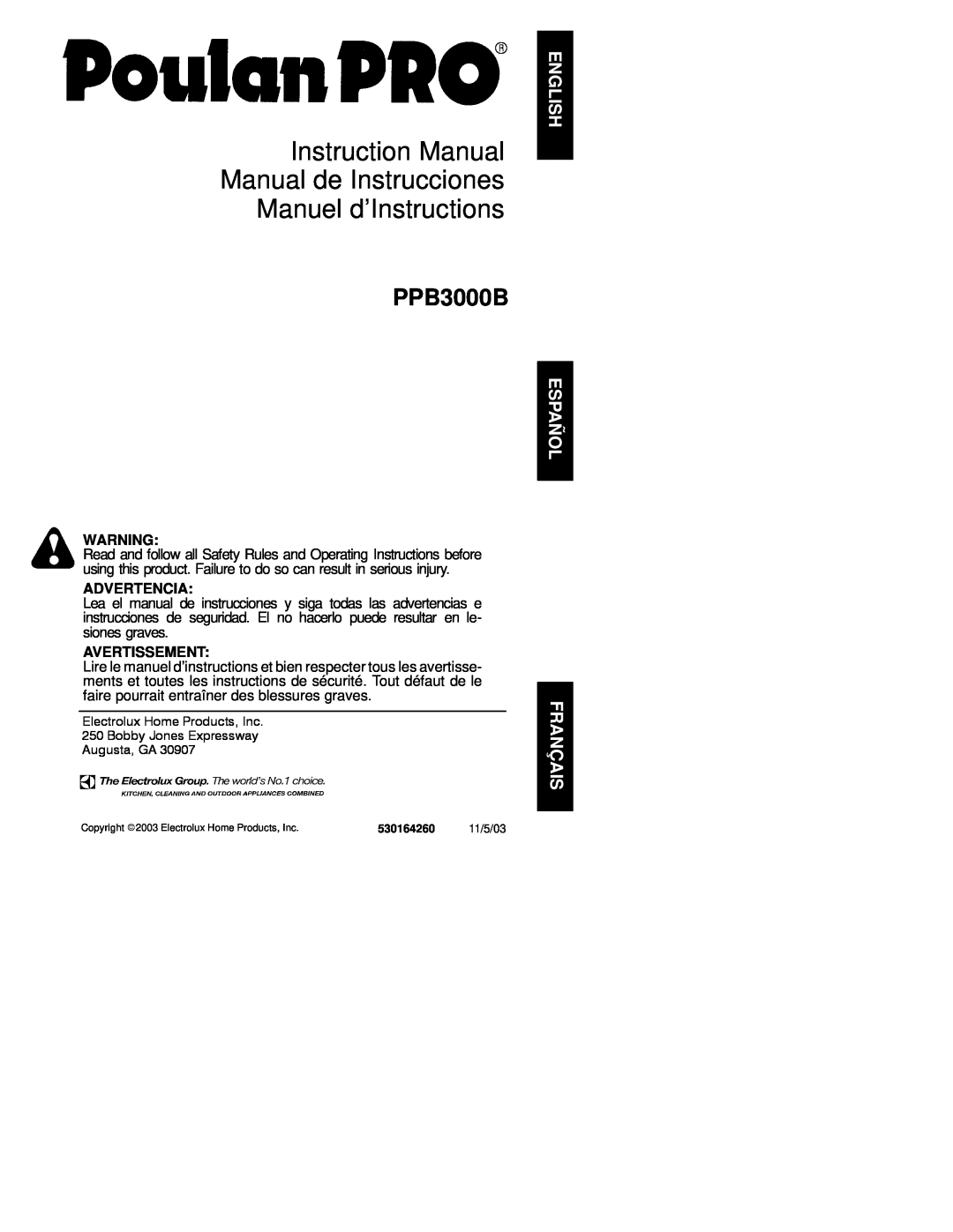 Poulan 530164260 instruction manual PPB3000B, Advertencia, Avertissement 
