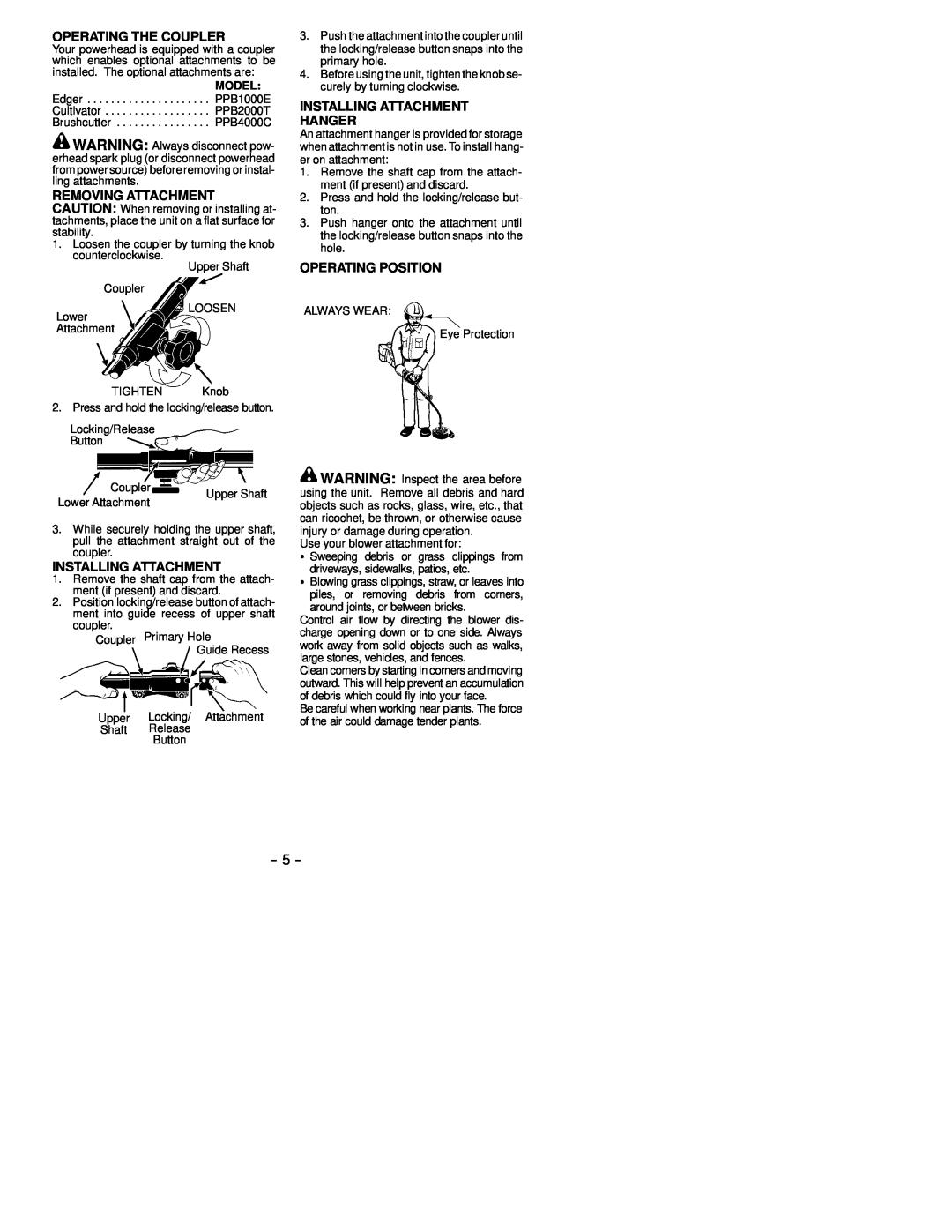 Poulan 530164260 instruction manual Operating The Coupler, Installing Attachment Hanger, Operating Position, Model 