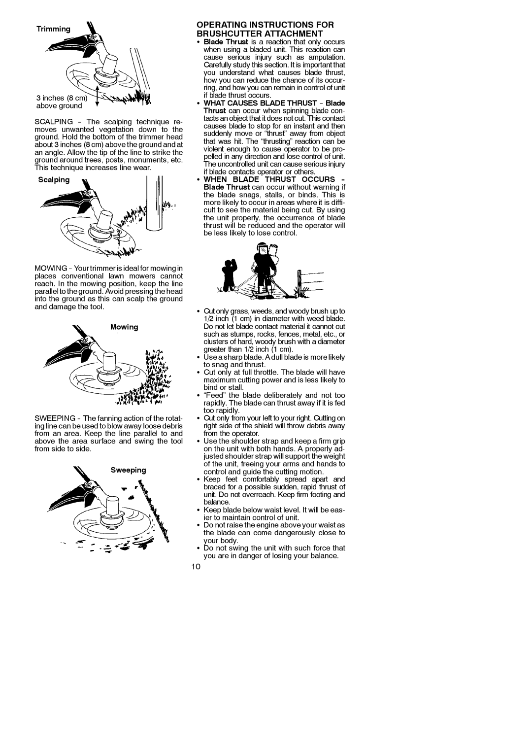 Poulan 530164264 instruction manual Operating Instructions for Brushcutter Attachment, Trimming, Scalping, Mowing, Sweeping 