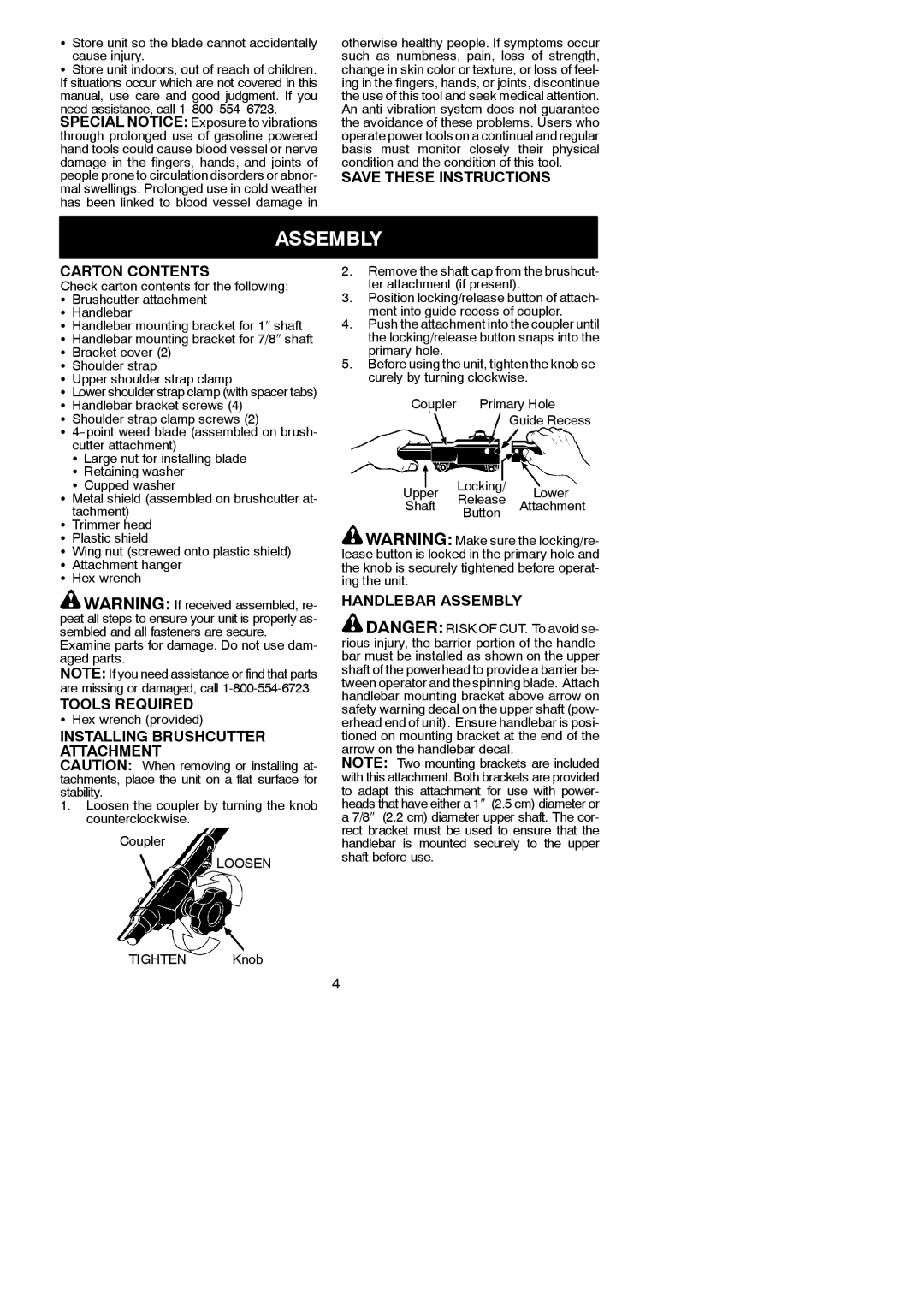 Poulan 530164264 Carton Contents, Tools Required, Installing Brushcutter Attachment, Handlebar Assembly 