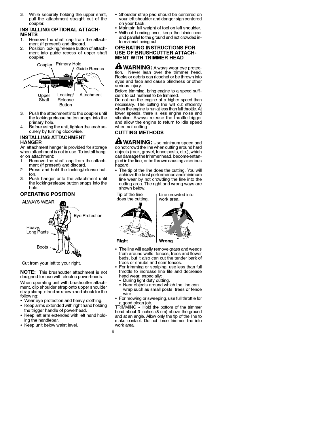 Poulan 530164264 Installing Optional ATTACH- Ments, Installing Attachment Hanger, Operating Position, Cutting Methods 