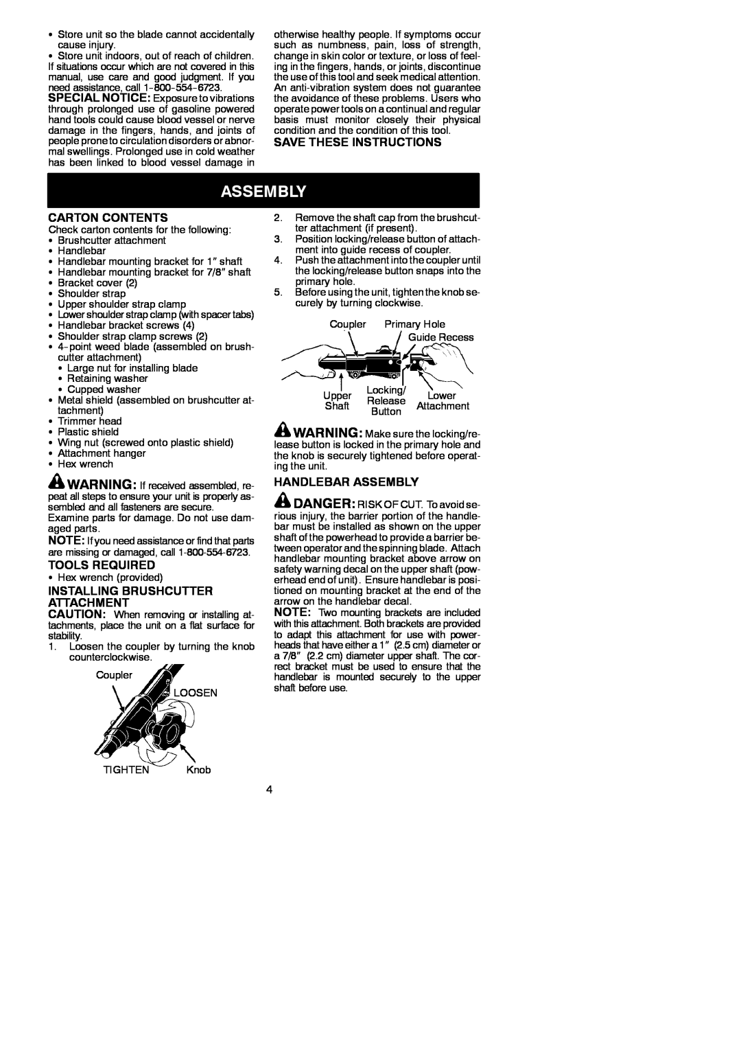 Poulan 530164264 Assembly, Save These Instructions, Carton Contents, Tools Required, Installing Brushcutter Attachment 