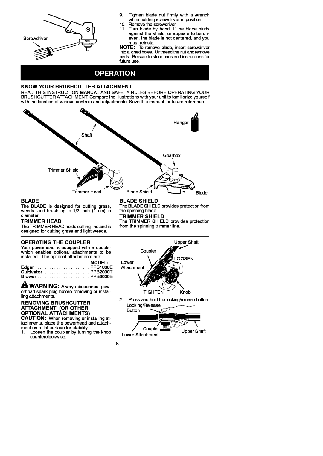 Poulan 530164264 Operation, Know Your Brushcutter Attachment, Blade Shield, Trimmer Shield, Trimmer Head, Model 