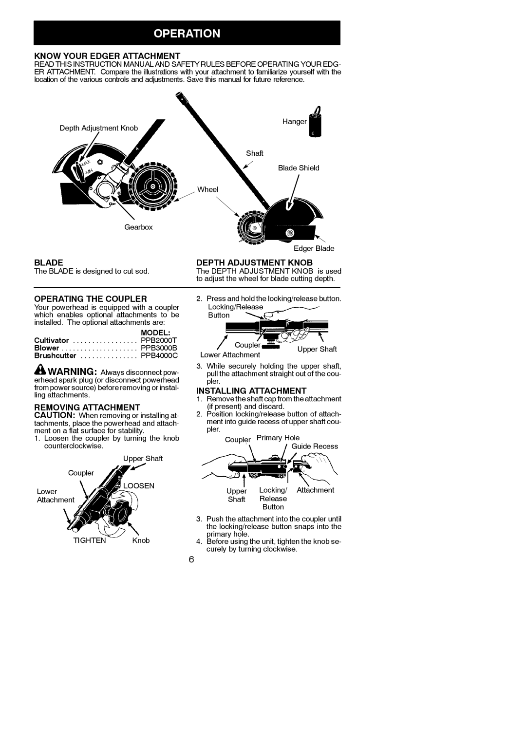 Poulan 530164267 Operation, Know Your Edger Attachment, Blade Depth Adjustment Knob, Operating the Coupler 