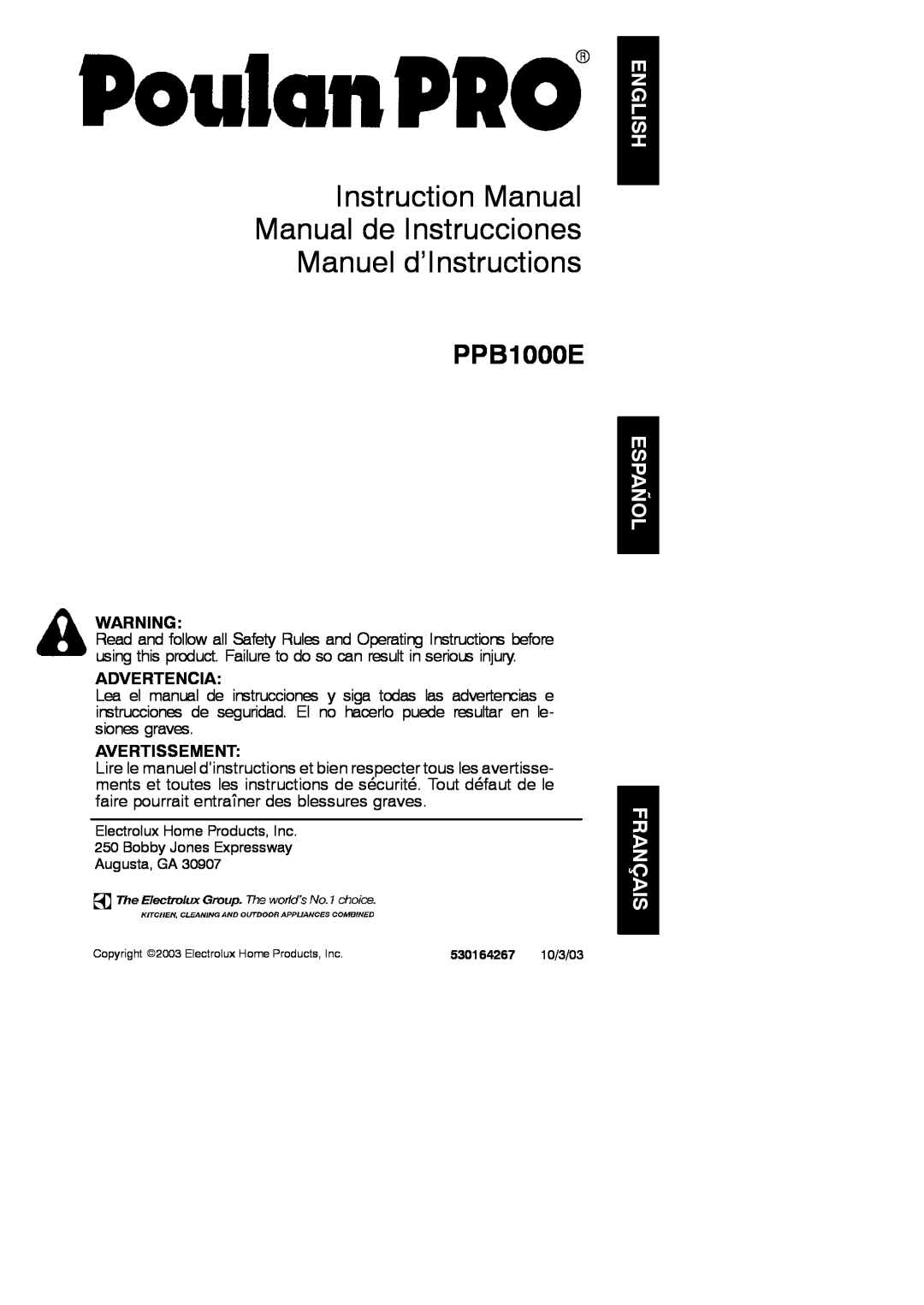 Poulan 530164267 instruction manual English, Español, Français, Advertencia, Avertissement, PPB1000E 
