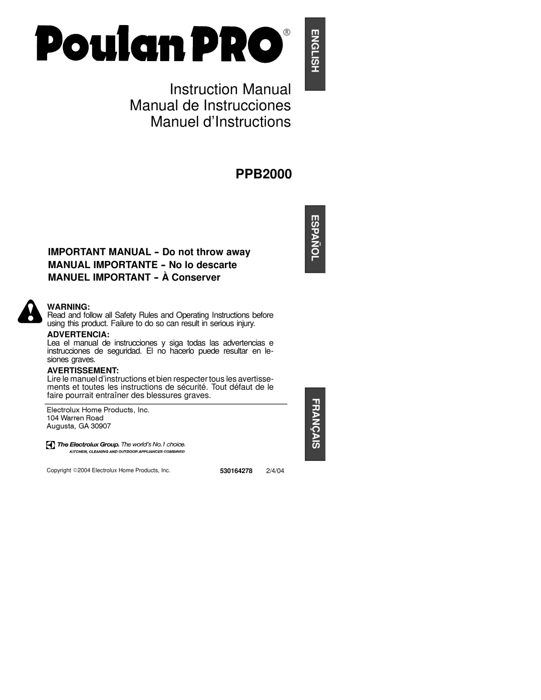 Poulan 530164278 instruction manual Manual de Instrucciones Manuel d’Instructions 