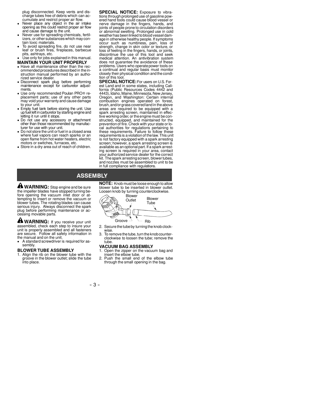 Poulan 530164278 instruction manual Maintain Your Unit Properly, Vacuum BAG Assembly, Blower Tube Assembly 