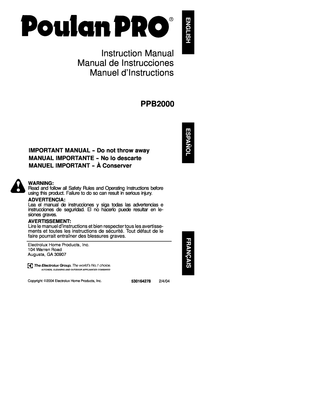 Poulan 530164278 instruction manual PPB2000, Advertencia, Avertissement 
